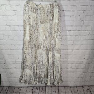 Ruby Rd. Cream and Brown Floral Maxi Skirt Sz L Crinkle Pleated Euro Countryside